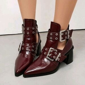 Women's Burgundy Ankle Boots with Buckle Detail